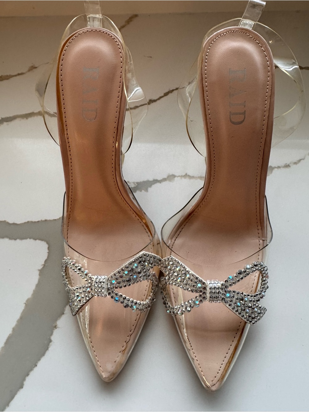 RAID Clear Rhinestone Bow Pointed Toe Stiletto Heeled Sandals Size US 6 / EU 37